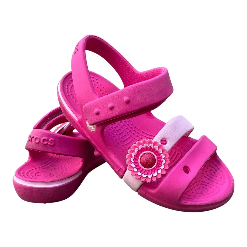 Crocs Kids Lina Sandal Pink White Flower Charm Hook Loop Strap Size 10‎ Toddler